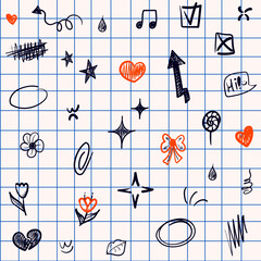 Hand drawn doodle ink pen line element seamless pattern on notebook grid background
