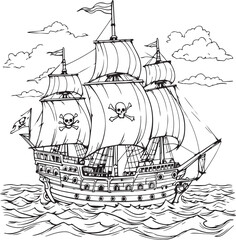 Naklejka premium “The Ship That Didn’t Just Sail, It Spoke”“Skulls in the Sails, Stories in the Sky”“A Hull Full of History, A Horizon Full of Hope”