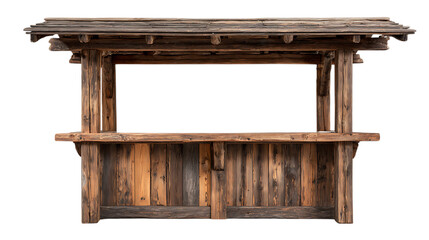Empty wooden stall with weathered planks, ideal for market or food stand.