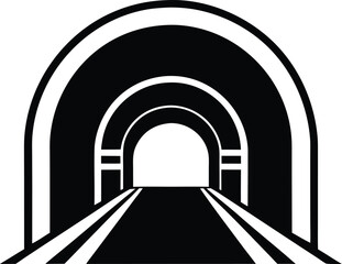 Stylized Black and White Icon of a Tunnel Entrance with Railway Tracks transportation