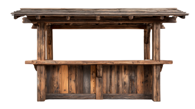 Empty wooden stall with weathered planks, ideal for market or food stand.