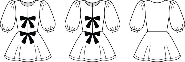 Women’s puff sleeve dress fashion flat, flared skirt with chest and waist bow details, technical apparel CAD drawing, clothing design vector illustration
