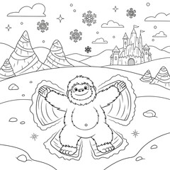 Fototapeta premium Friendly Yeti with Snow Fun in an Icy Kingdom Black and White Line Art Coloring