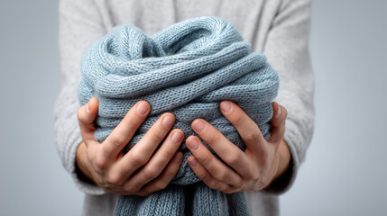 Scarf knitwear wool yarn winter clothing gently held in hands evokes mindful fall lifestyle warmth and cozy comfort for serene autumn moments