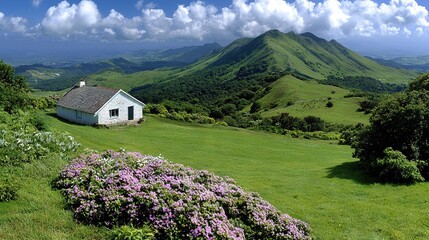   A house perched atop a verdant hillside, surrounded by a lush green field dotted with vibrant purple flowers