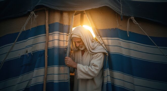 Old man standing in tent doorway with bright light. Biblical figure in desert camp. Ancient nomadic life.