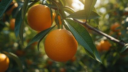 Close-up of ripe oranges hanging on a leafy tree, sunlight filtering through green branches, vivid textures of fruit skin and leaves captured in sharp focus, natural orchard setting, fresh and juicy