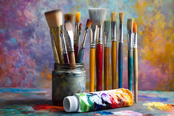 Fototapeta premium Various paintbrushes stand in a glass jar with a tube of paint on a colorful splattered surface in an art studio, depicting creativity and inspiration.