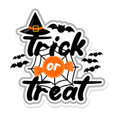 Flat vector illustration of Trick or Treat sticker with witch hat, candy, spider web, and bats.