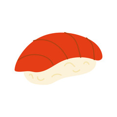 Sushi with red fish topping on a white rice base served on a simple background