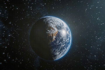 Obraz premium Blue planet Earth from space showing continents, oceans, and white clouds. Half illuminated sphere against a vast dark starry cosmos.