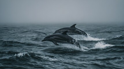 Fototapeta premium Wide shot of two dolphins leaping in sync from rough ocean waves with white splashes under a grey overcast sky, symbolizing freedom, harmony, and energy, ideal for nature, travel, or editorial use