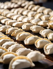 Rows of uncooked dumplings, showcasing a multitude of individual, light beige-colored, half-moon shaped dumplings, neatly arranged on a dark wooden surface.