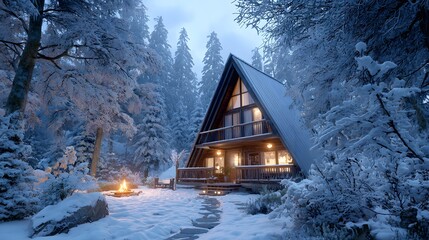 Winter cabin getaway snowy forest scene christmas holiday vacation rental cozy home in the woods escape