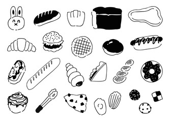 パンとスイーツの線画イラストセット（手書き風・ベーカリー・ベクター素材）