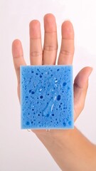 A wet, light-blue sponge is held in a hand against a plain background.