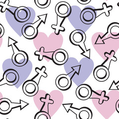 A playful seamless pattern features scattered black outline male and female gender symbols over pastel pink and lavender hearts, on a  white background. Vector pattern perfect for textile, background
