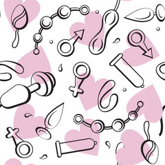 A playful seamless pattern of black outline sex toys and gender symbols, with pink hearts scattered across a white background, vector suggesting themes of intimacy and passion.