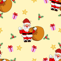 Merry Christmas and Happy New Year celebration seamless vector pattern with Santa Claus, gift boxes, Berry and holly.