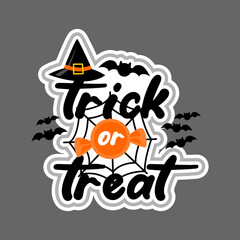 Flat vector illustration of Trick or Treat sticker with witch hat, candy, spider web, and bats.