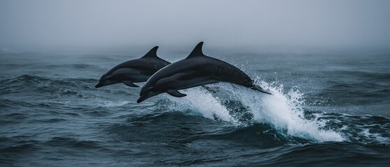 Fototapeta premium Wide shot of two dolphins leaping in sync from rough ocean waves with white splashes under a grey overcast sky, symbolizing freedom, harmony, and energy, ideal for nature, travel, or editorial use