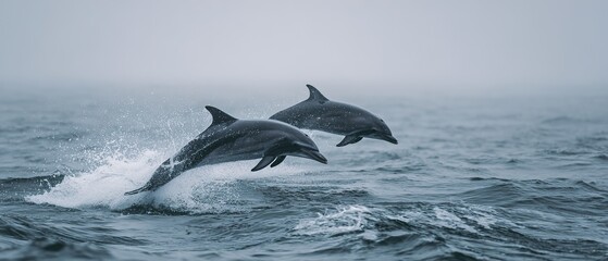 Fototapeta premium Wide shot of two dolphins leaping in sync from rough ocean waves with white splashes under a grey overcast sky, symbolizing freedom, harmony, and energy, ideal for nature, travel, or editorial use