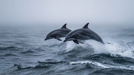 Fototapeta premium Wide shot of two dolphins leaping in sync from rough ocean waves with white splashes under a grey overcast sky, symbolizing freedom, harmony, and energy, ideal for nature, travel, or editorial use