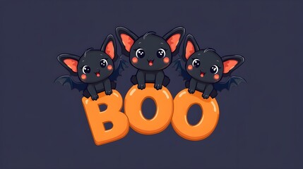 Flat design vector illustration, cartoon cute smilling black bats fly with letters boo in paws isolated on white background.