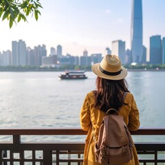A woman in a mustard-yellow jacket gazes out at a cityscape over a serene waterway, showcasing a tranquil and reflective moment.