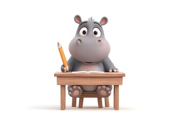 A baby hippo sitting at a school desk holding a giant pencil, looking curious and ready to write, 3d animation, isolated on a white background