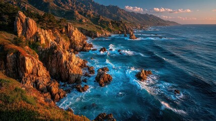 Obraz premium Coastal Majesty: The rugged cliffs meet the boundless sea as the sun paints the scene in gold, offering a breathtaking view of natural beauty. 