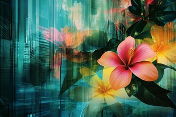 Vibrant Hibiscus Flowers Overlaid on Abstract Urban Background
