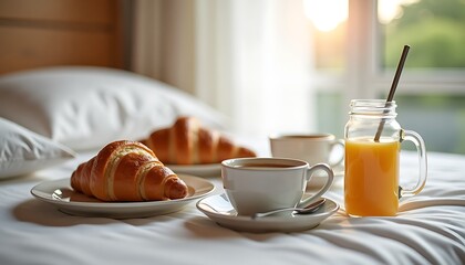 Breakfast in bed with croissants, coffee, and orange juice in morning light
