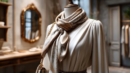 Elegant Fashion Display: A stylish mannequin showcasing sophisticated attire, set against a backdrop of a boutique's refined interior.