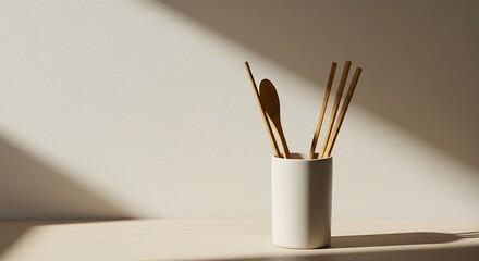 Minimalist Kitchen Elegance: Natural Wooden Utensils, Including Chopsticks and a Spoon, Rest Neatly Within a Simple, Earth-Toned Ceramic Utensil Holder, Bathed in Soft, Contrasting Sunlight and Shadow