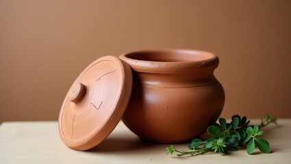 A handcrafted terracotta pot with a lid, resting on a light wood surface, accompanied by delicate green foliage, evokes a warm, earthy ambiance.