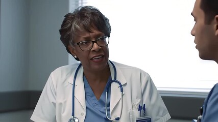 Experienced doctor consults with younger colleague in bright modern clinic setting, discussing patient care.