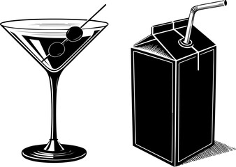 Martini Glass with Olives next to a Juice Box