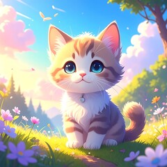 A charming kitten with big, blue eyes sits amongst wildflowers in a sunlit meadow.