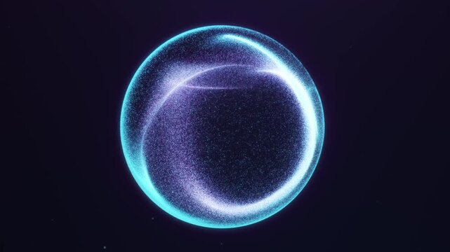 Blue glowing sphere made of particles dispersing in space. Abstract 4K digital loop with futuristic dissolve and energy effect.