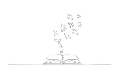 Books and Freedom Minimalist Line Art of Birds Flying from an Open Book Illustration