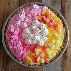 Colorful Layered Dessert with Whipped Cream and Candied Fruits