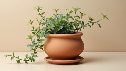 Fototapeta premium A terracotta planter, showcasing lush green foliage, sits gracefully against a neutral backdrop.