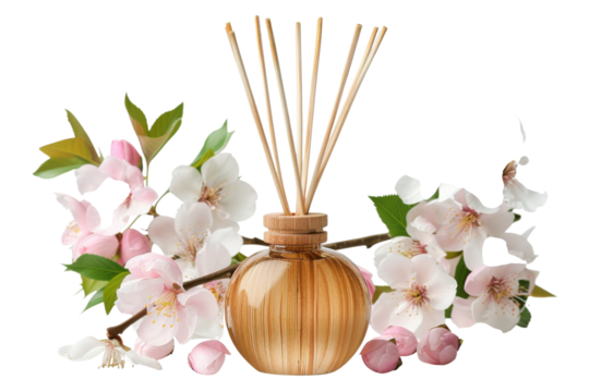 Aromatherapy diffuser with cherry blossom flower arrangement for spring home fragrance and black