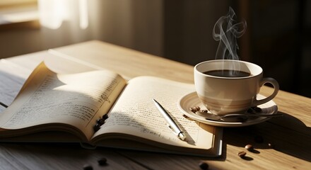 Steaming coffee cup beside an open journal and pen, bathed in warm sunlight.