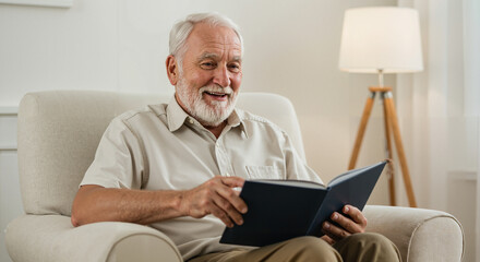 Fototapeta premium Elderly man smiling while reading a book in a cozy living room 