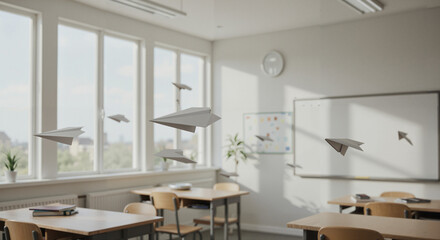 Paper airplanes flying in a bright classroom with wooden desks  