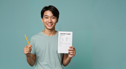 Young Asian man smiling while holding report card and pencil  