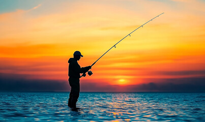Silhouette of a fisherman casting his line into the sea during a vibrant sunset