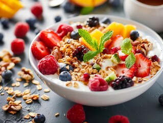 A vibrant bowl of yogurt topped with granola, fresh berries, and mint leaves, surrounded by scattered ingredients.